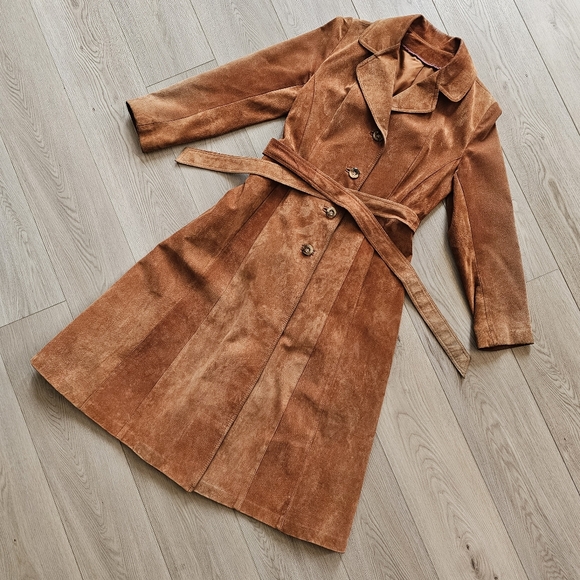 olympic Jackets & Blazers - Vintage 100% Suede Leather Belted Trench Coat, Rust Western Boho 70s Jacket, S/M